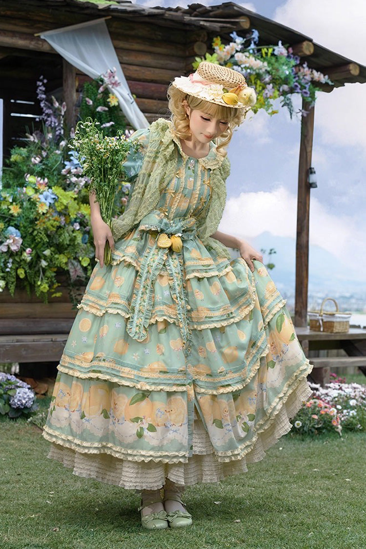 Triple-Layered Print Ruffled Bow Lace Sweet Gorgeous Lolita Dress - Green Lemon Chicken