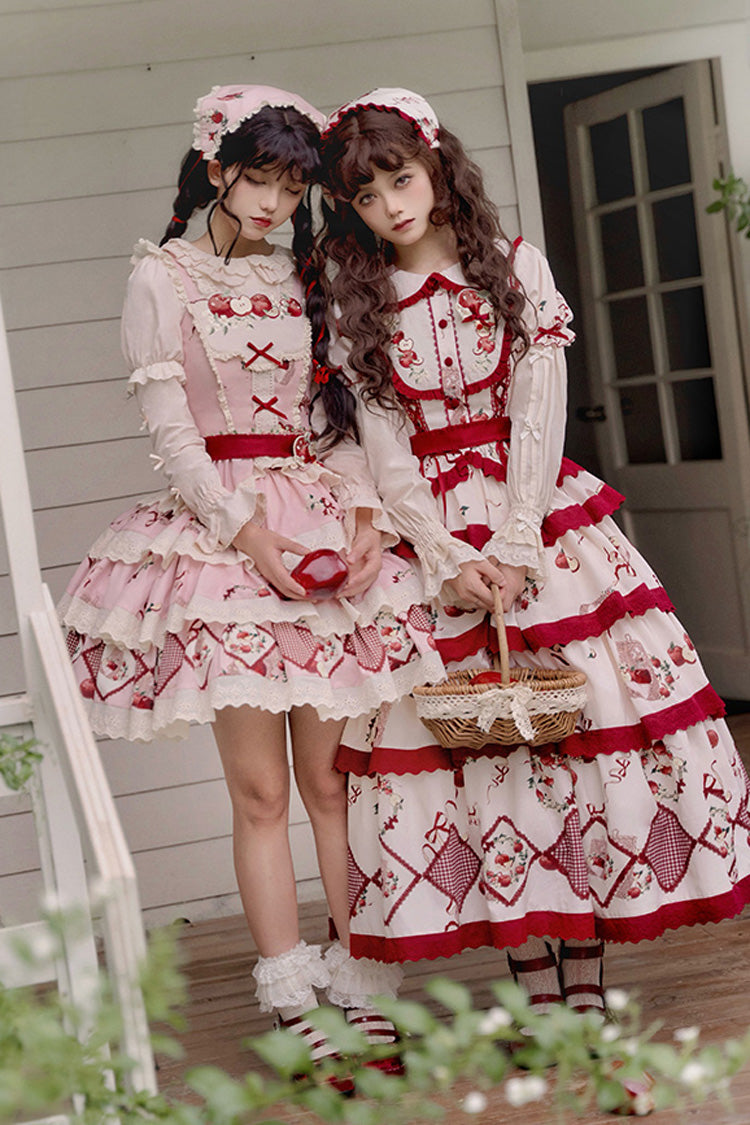 Crimson Beige Triple-Layered Apple Orchard Printed Ruffled Embroidered Sweet Lolita Maxi Skirt