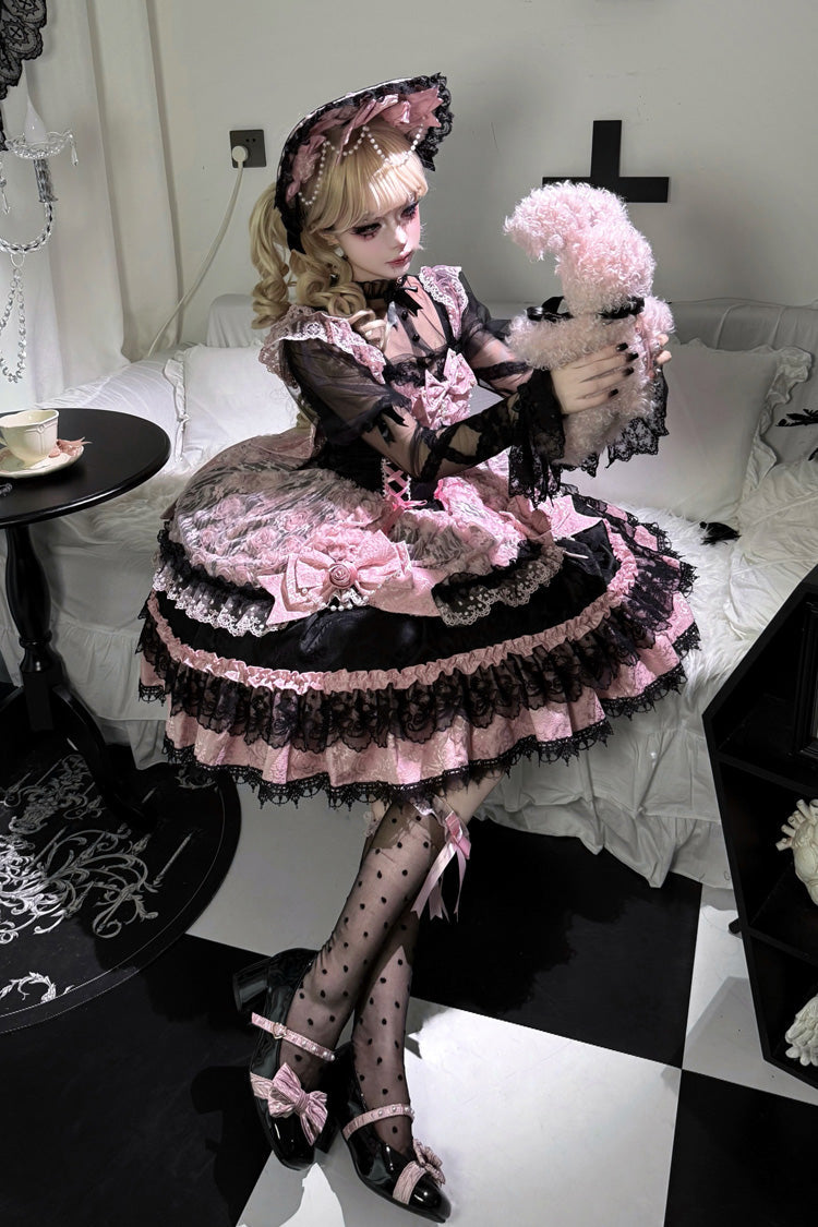 Ebony Rose Sleeveless Ruffle Bow Lace Corset Ballet Jumper Dress - Rose Princess