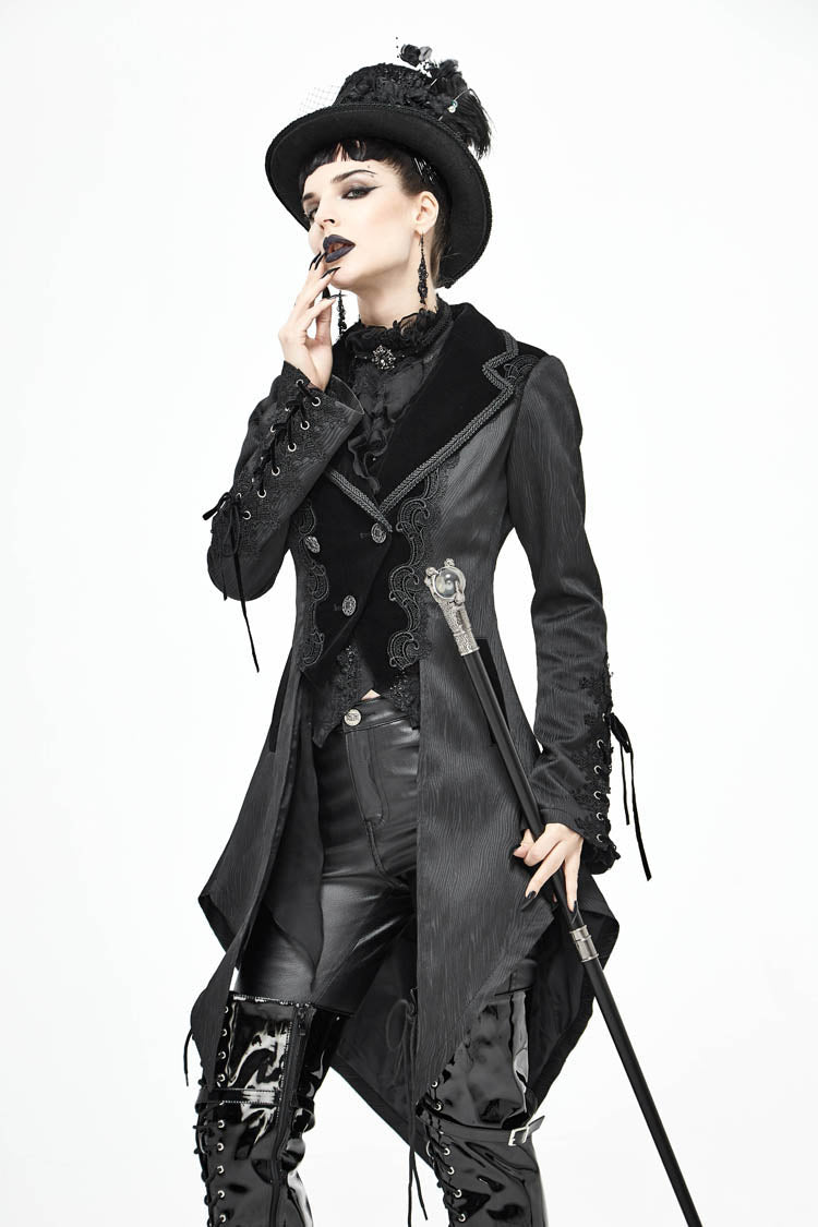 Women's Gothic Coat in Black with Decals, Metal Button Lace-Up Cuffs & Striped Jacquard