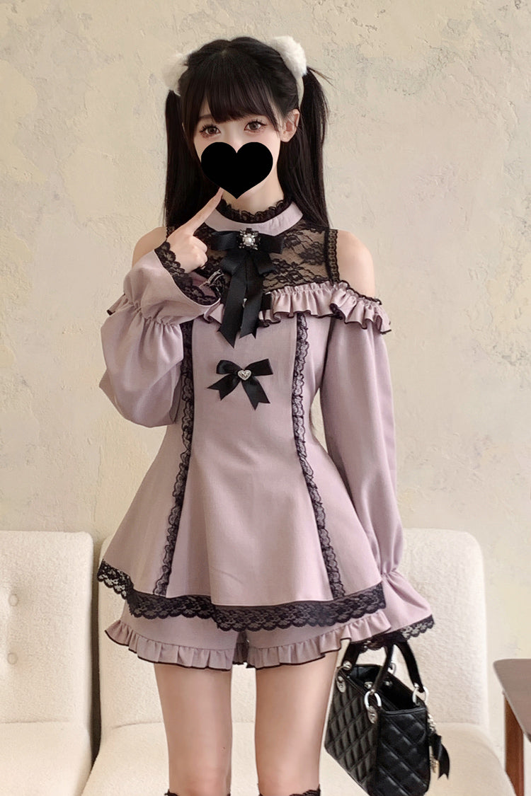 Sweet Off Shoulder Halterneck Long Sleeve Ruffled Bow Lace Jirai Kei Dress Shorts Set
