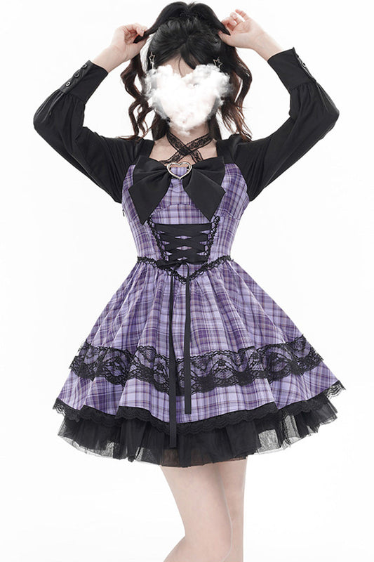 Purple Witch Time Long Sleeves Plaid Print Bow Lace Sweet Dress
