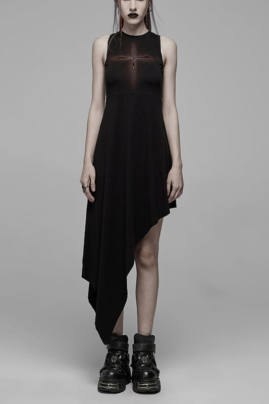 Women's Gothic Dress with Hollowed Out Cross Spray-Painted Asymmetric Hem Sleeveless Design