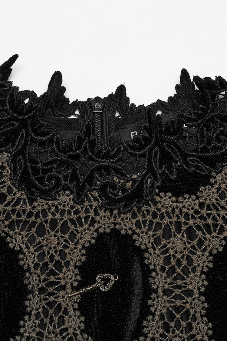 Gothic Blouse with Puff Sleeves and Embroidery in Coffee