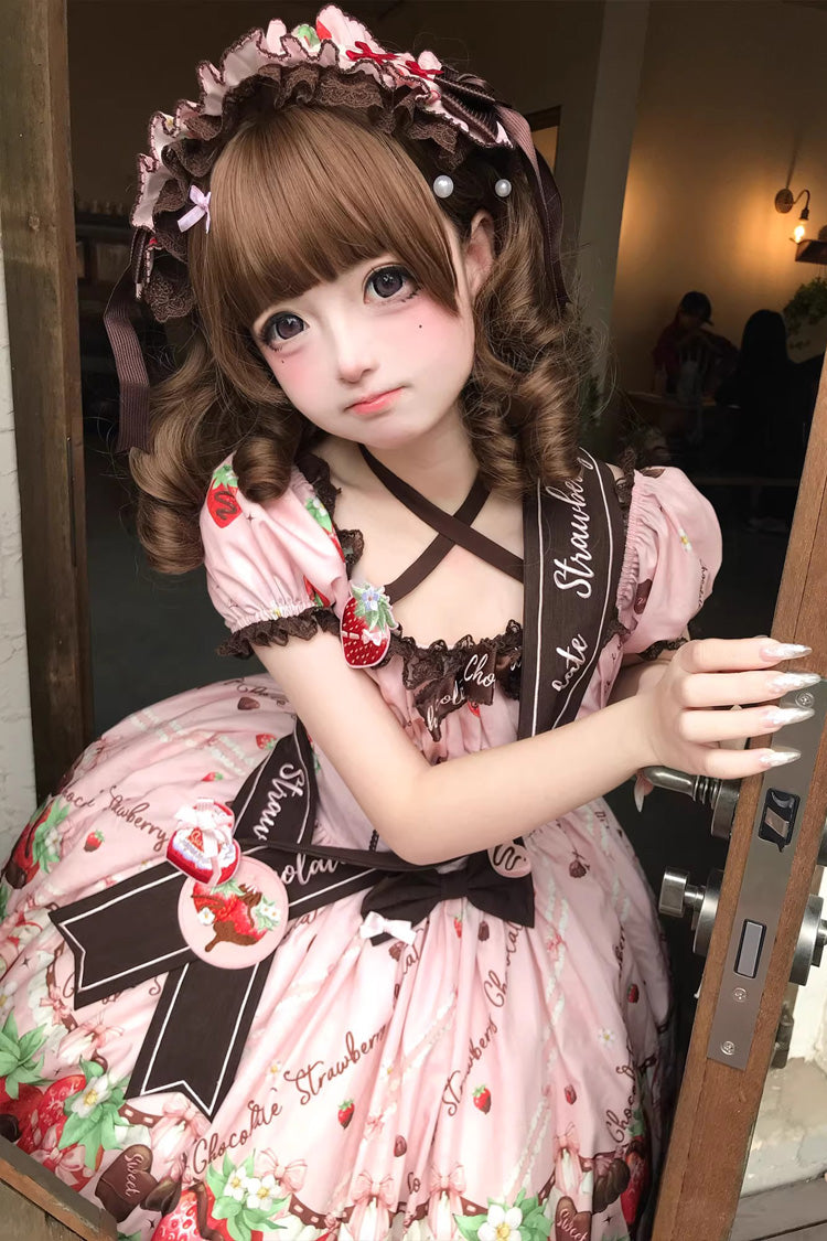 Chocolate Lover Square Collar Printed Bow Lace Sweet Lolita Dress