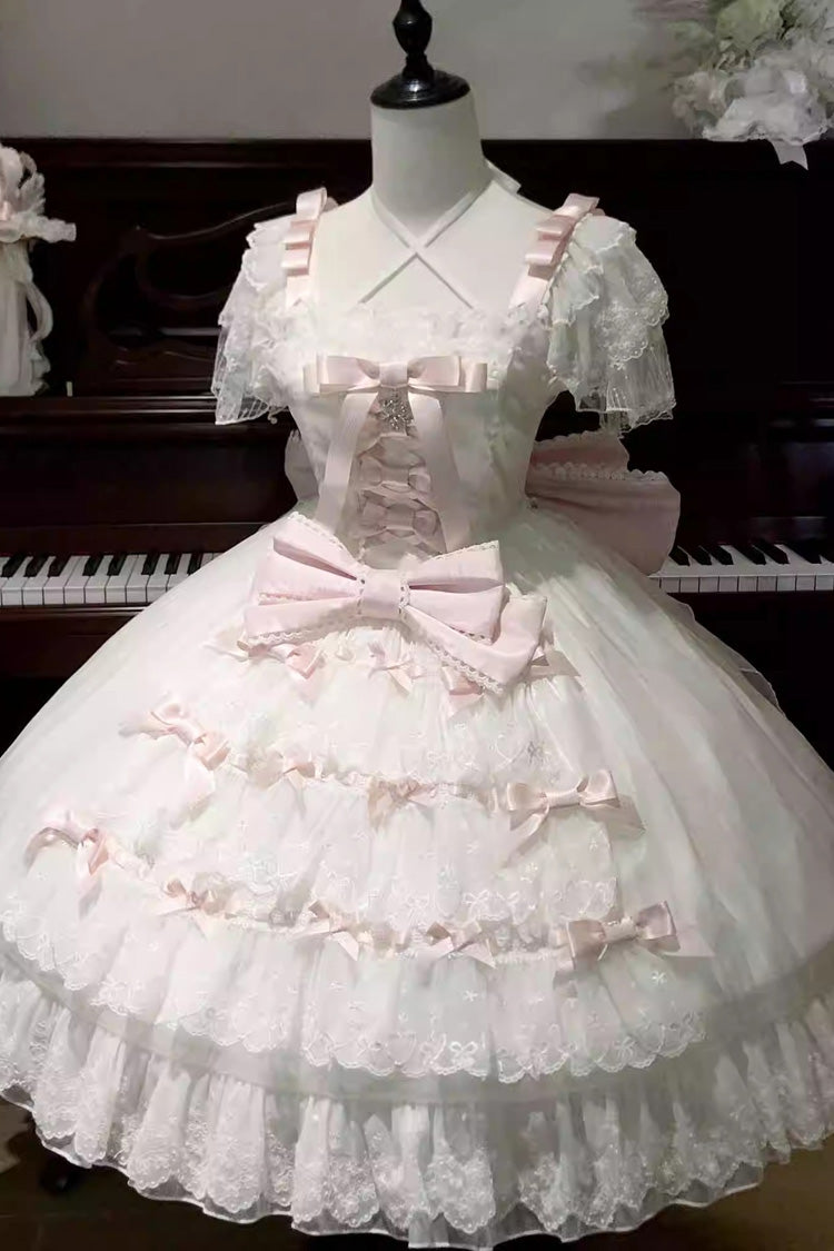 White Pink Snow of Love Ruffled Hanayome Open-Front Bow Lace Sweet Princess Dress