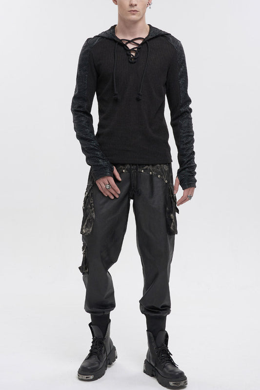 Dark V-Neck Knit Hooded Punk Tee with Tether Design