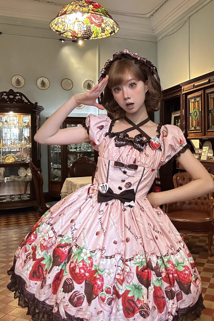 Square Collar Short Sleeves Printed Ruffled Bow Lace Sweet Lolita Dress - Strawberry Chocolate Lover