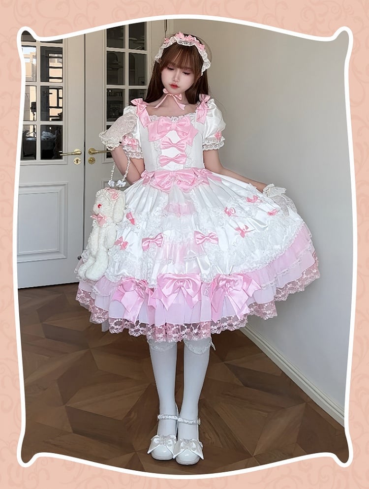 Detachable Dress High Pink Waist White Bow Sleeves with Princess Lolita Sweet Accents