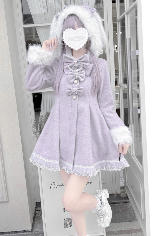 Jirai Kei Coat with Detachable Rabbit Ears Hood, Bowknot, Grey/Purple
