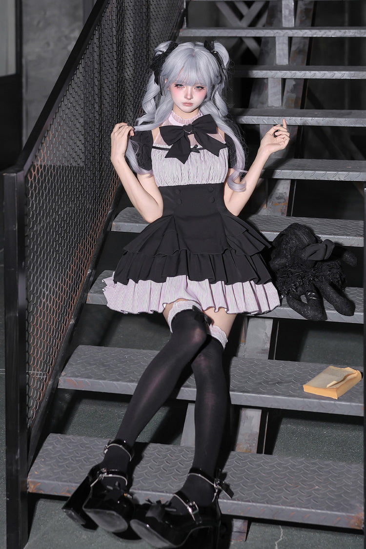 Halterneck Square Collar Ruffled Lolita Dress Set - Black/Grey