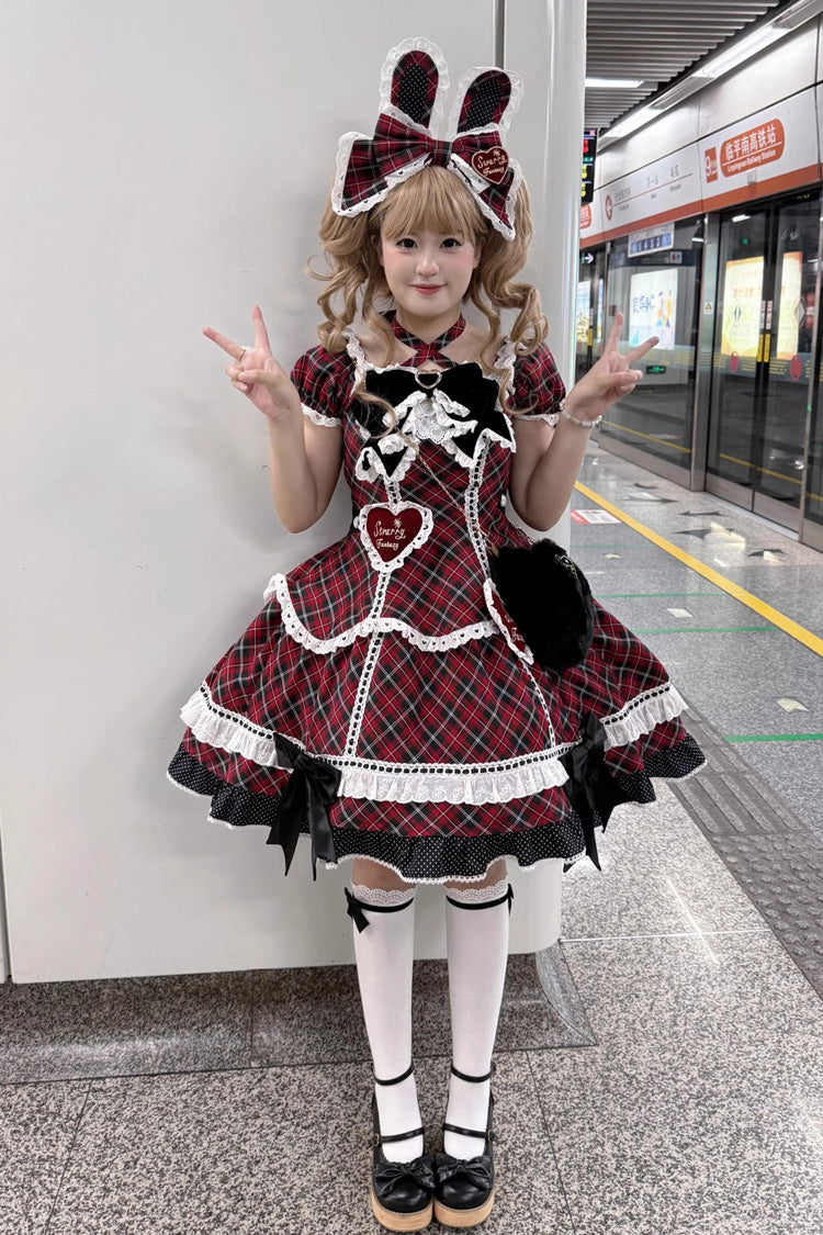 Crimson Shibuya Sweetheart Tartan Print Short Sleeve Frill Bow Sweet Lolita OP Plus Size