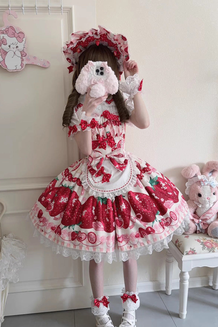 Dream to Strawberry Printed Ruffle Bow Lace Sweet Lolita JSK Dress in Four Shades