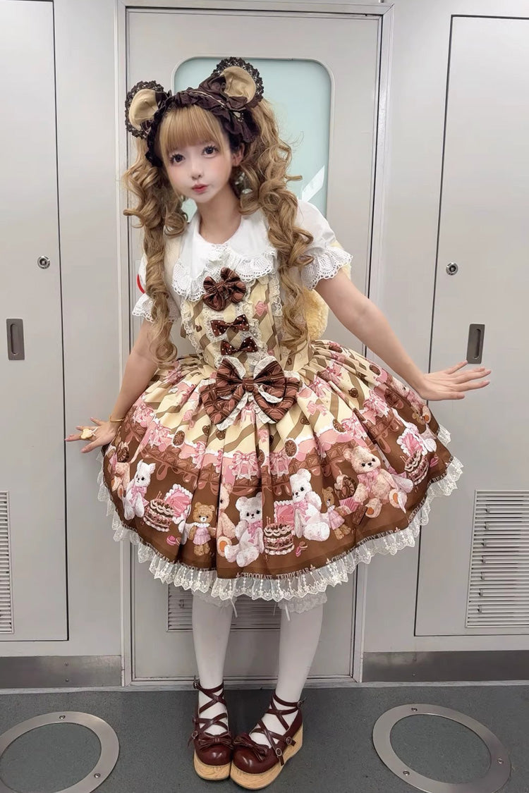 Chocolate Brownie Sleeveless Printed Ruffled Bow Lace Sweet Strap Dress