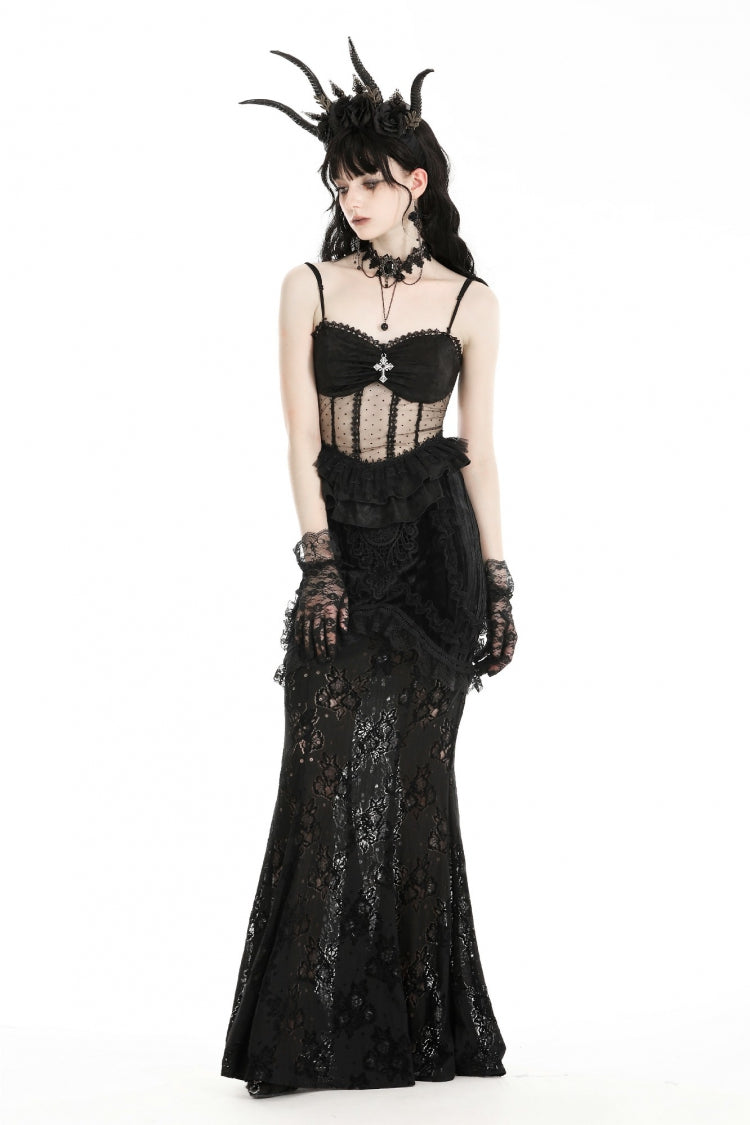 Obsidian Double-Layered Lace Ruffle Top with Spaghetti Straps - Gothic Sheer