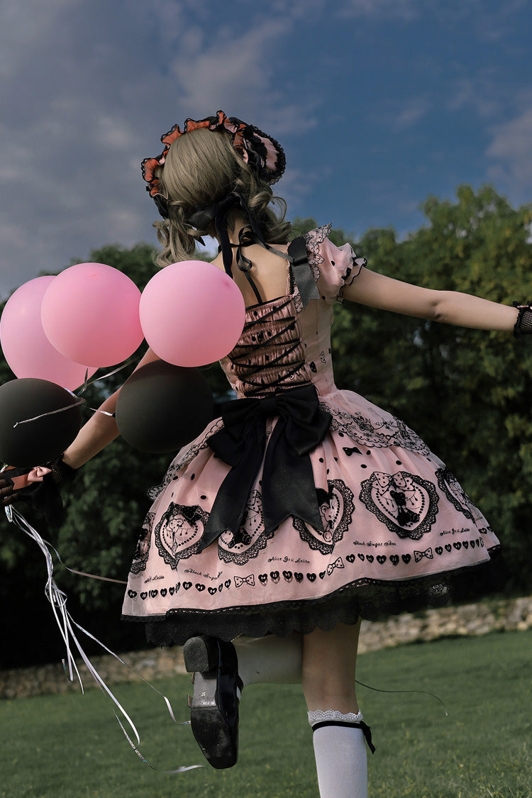 Blush Square Collar Embroidered Bow Lolita Dress with Train - Sugar Bear