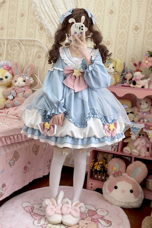 Pray Star Long Sleeve Double Ruffled Bowknot Lace Sweet Lolita Dress