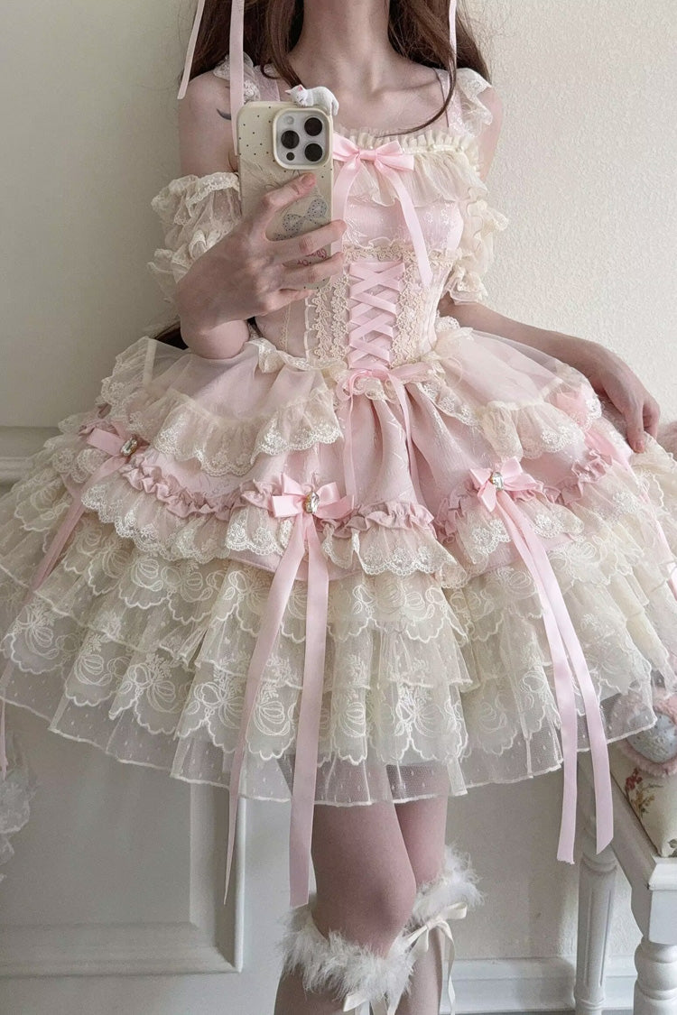 Rose Sleeveless Layered Ruffle Bow Lace Corset Ballet Jumper Dress - Ribbon Heart Love