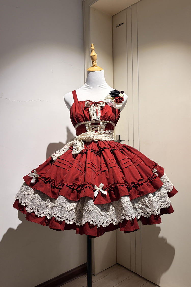 Crimson Vivian Off-Shoulder Short Sleeve Ruffled Bow Lace Sweet Princess Lolita Gown