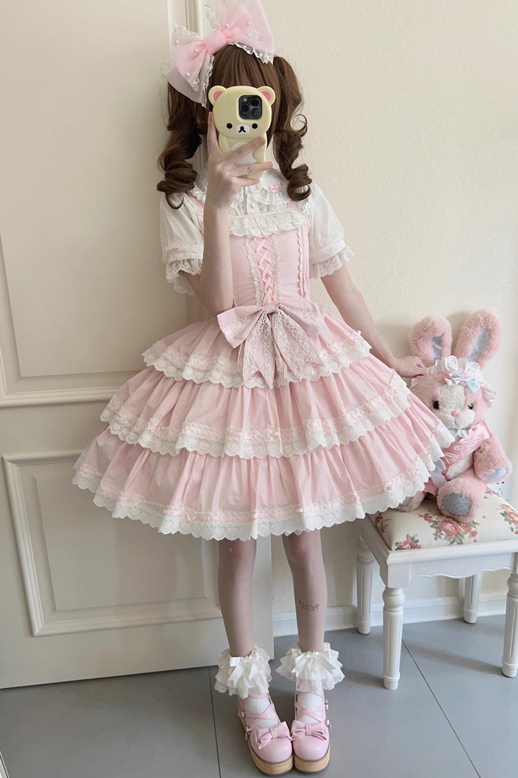 Pink Maiden Heart Triple Layer Ruffle Bow Lace Sweet Jsk