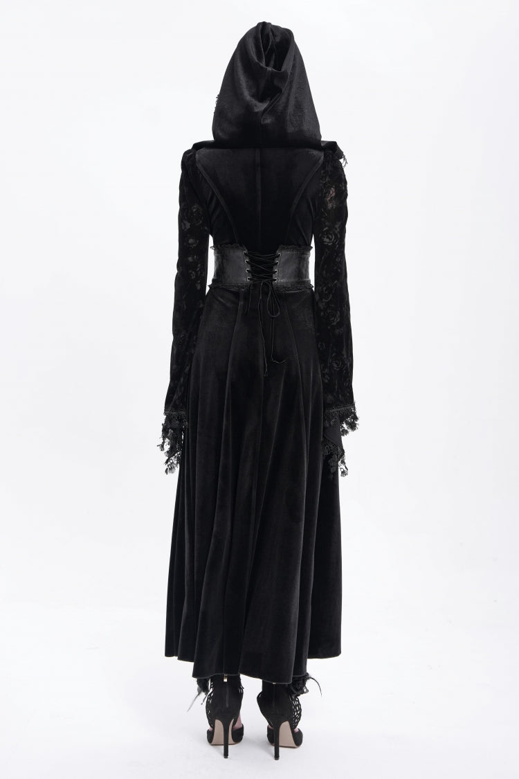 Black Long Sleeves Cutout Embroidered Hooded Ripped Gothic Coat Dress