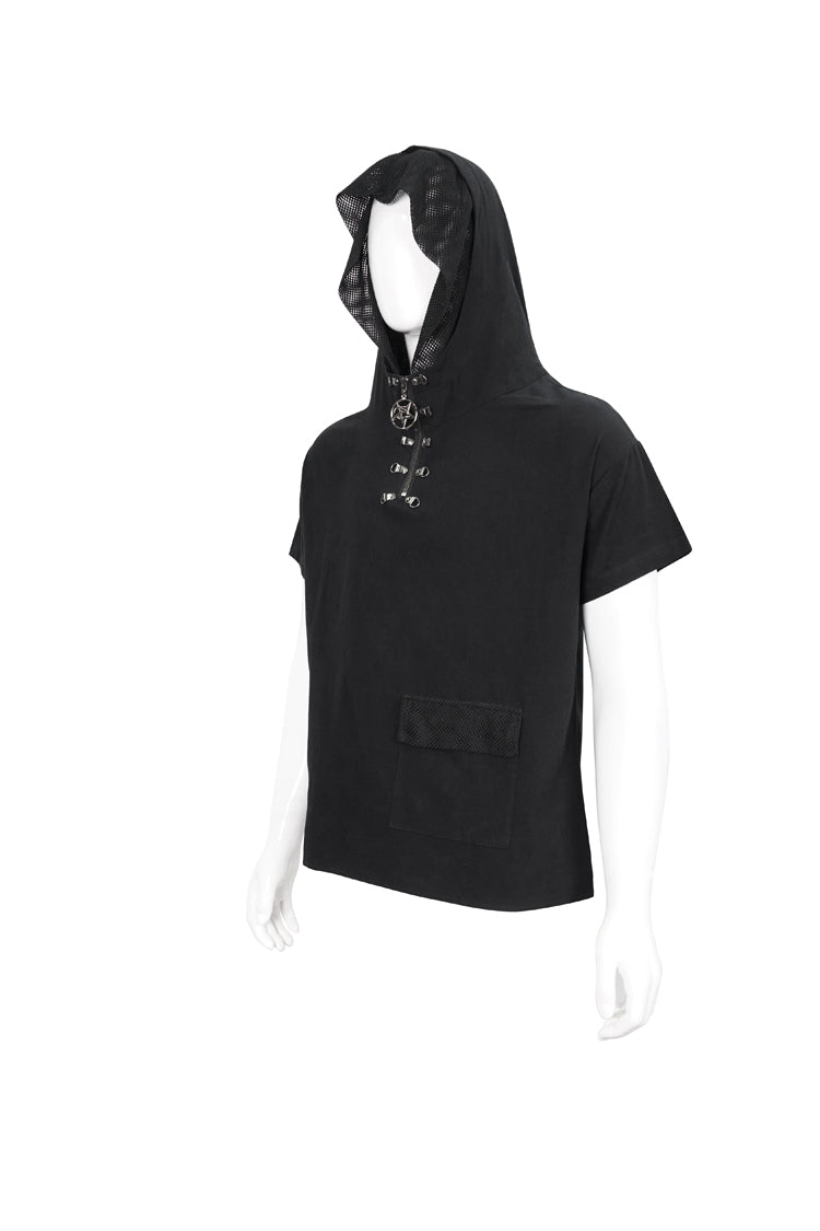 Men's Punk T-Shirt with Hooded Mesh Splice Zipper Back Openwork Lace-Up Casual Short Sleeve