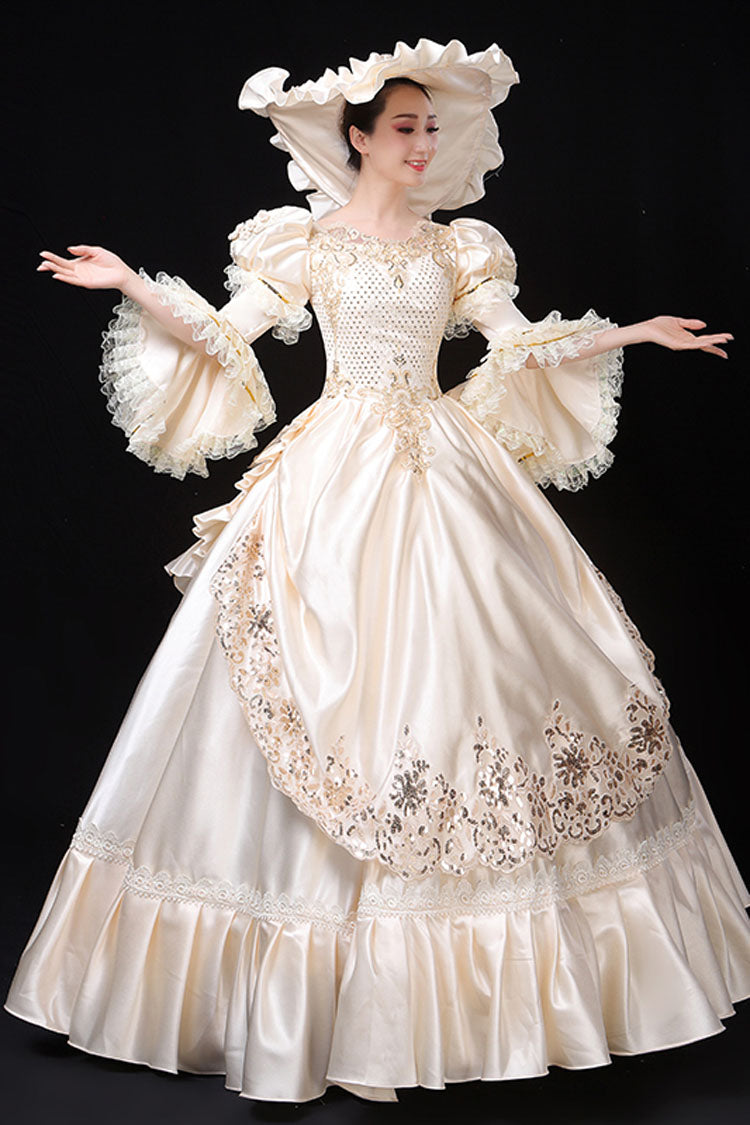 White Hime Sleeve Victorian Gown with Floral Decor - Court Style