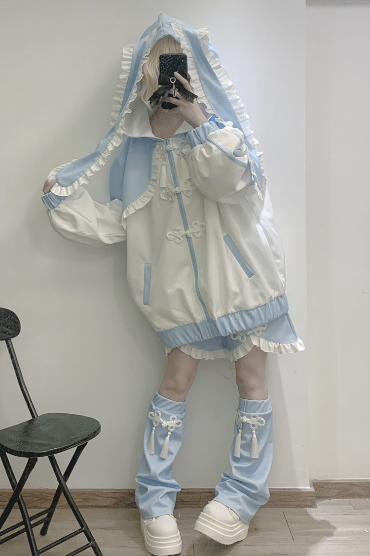 White Blue Rabbit Ear Long Sleeve Ruffled Hooded Jirai Kei Coat