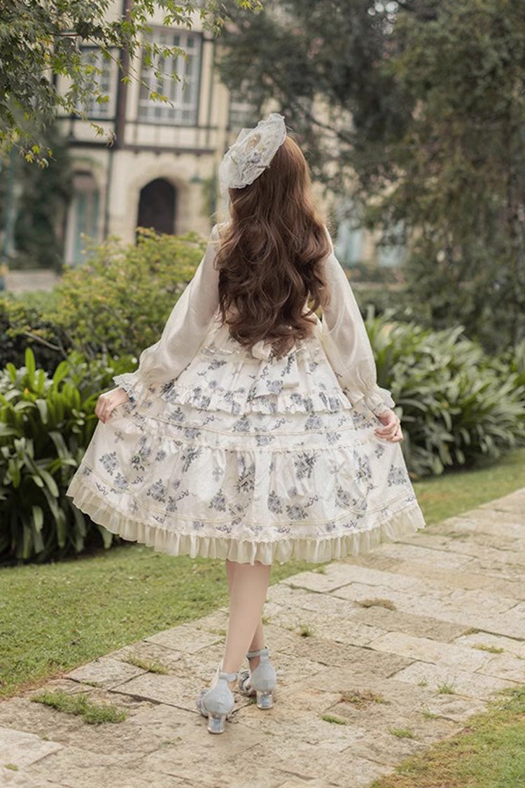 Rose Print Sweet JSK Dress with Puff Sleeves - Lolita