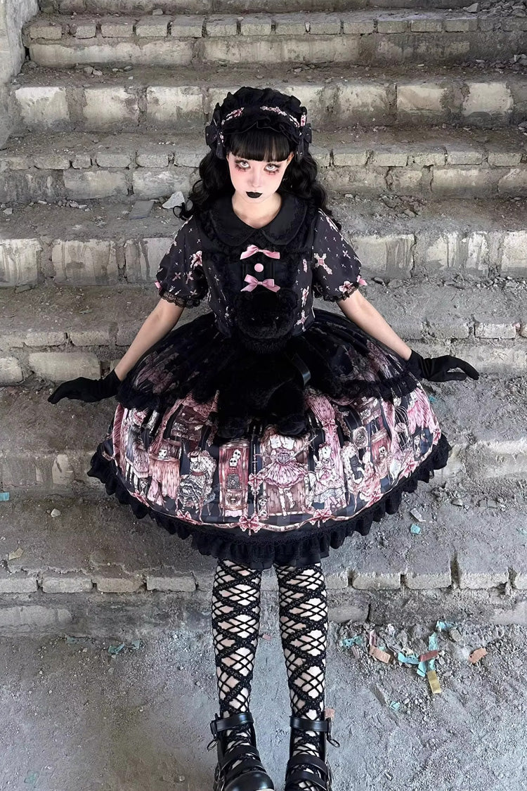 Ruffled Lace Dress with Bowknot and Missing Lamb Print