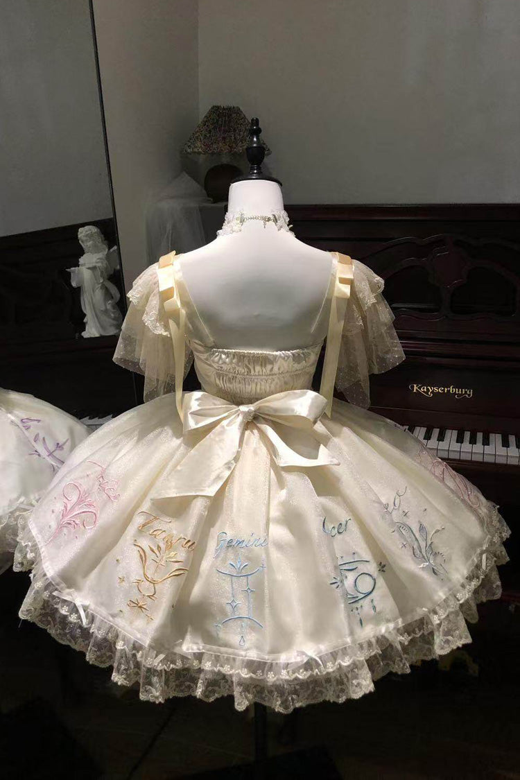Sleeveless Printed Ruffled Embroidered Bow Sweet Lolita Jsk Dress - The Twelve Zodiac Signs