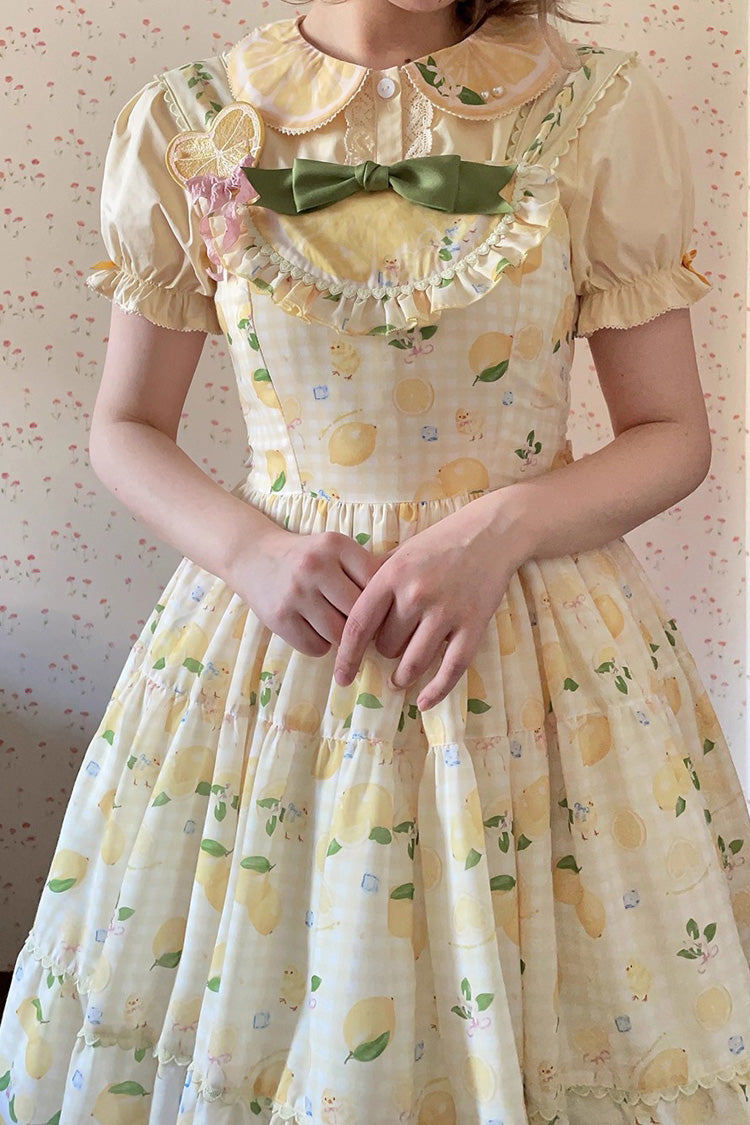Sunshine Printed Ruffle Bow Lace Sweet Long Jumper - Lemon Chicken