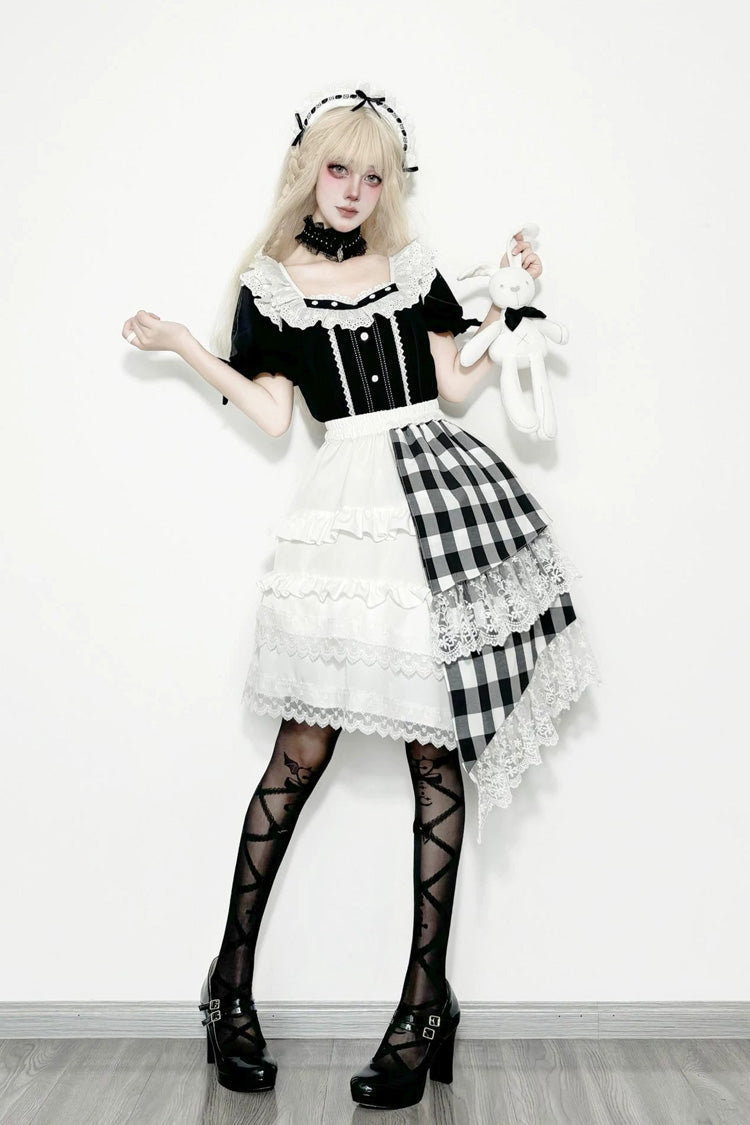 Monochrome Plaid Gothic Skirt Set with Lace and Asymmetric Hem