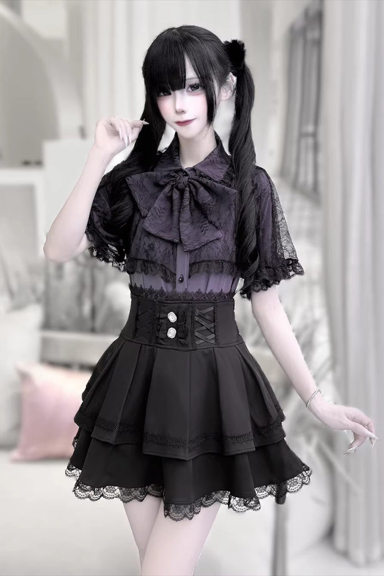 Gothic Embroidered Ruffled Top and Skirt Set with Lace-Up - Dark Moon Shadow