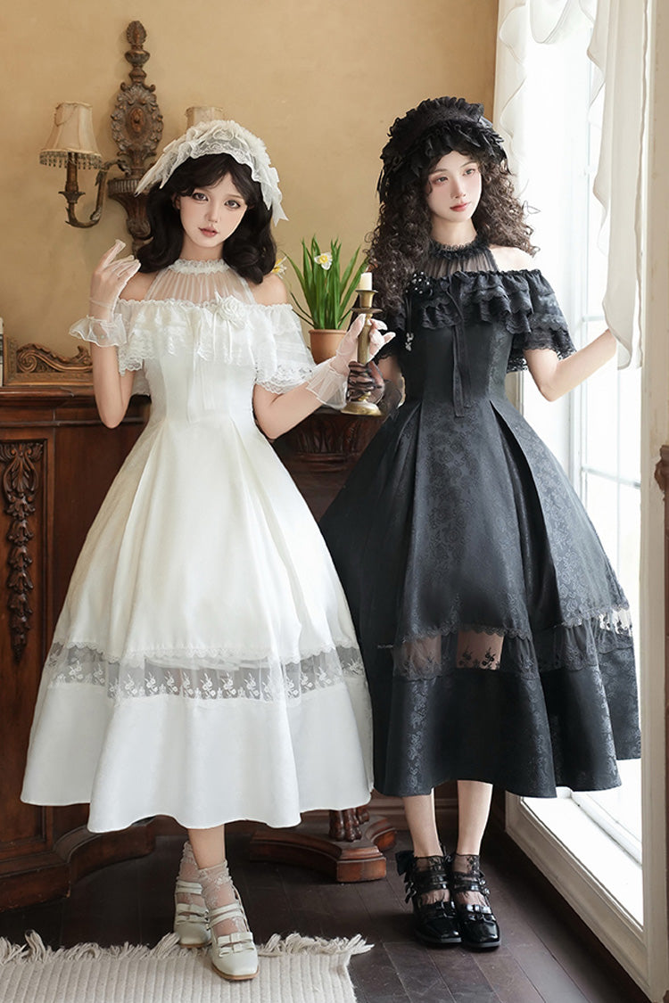 Snow Off Shoulder Halterneck Printed Ruffle Gothic Elegant Dress - Flowers in the Mist