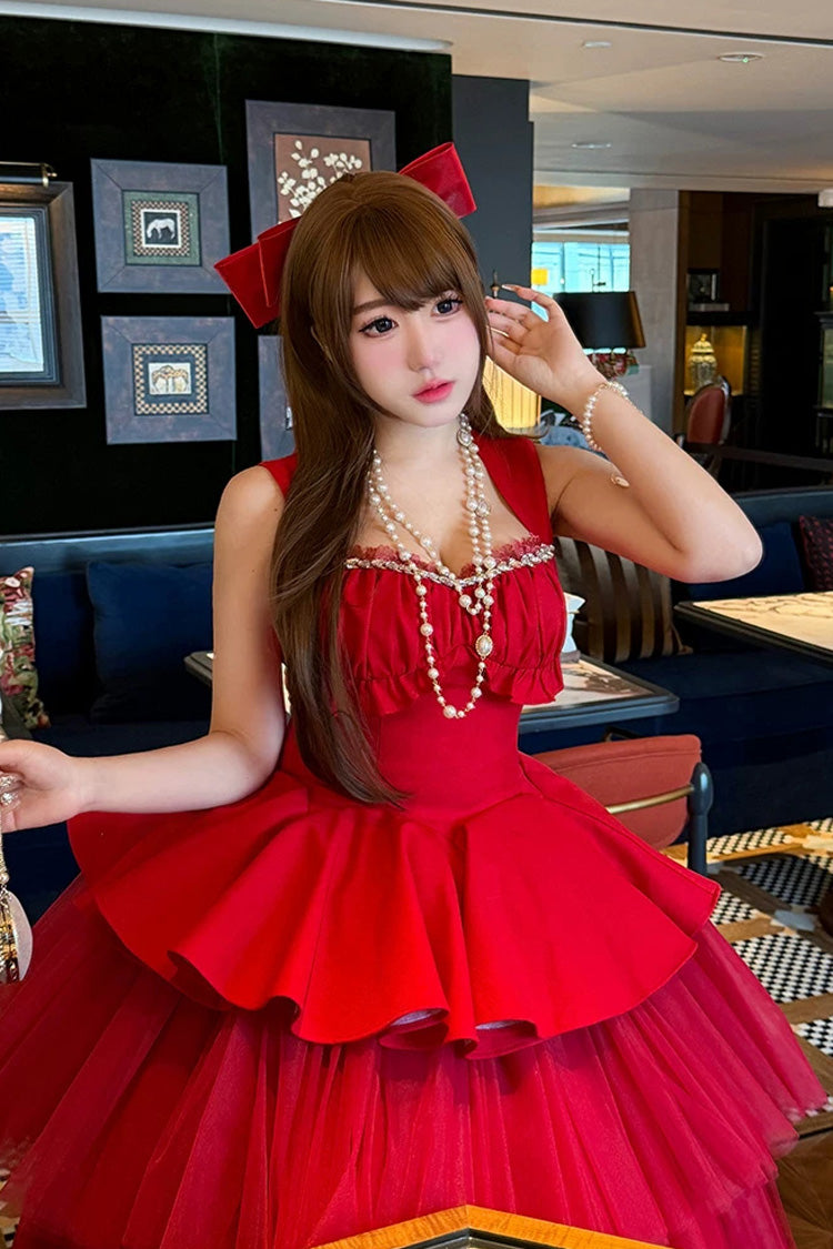 Crimson Romantic Rose Square Neck Sleeveless Ruffled Classic Ballet Lolita Gown