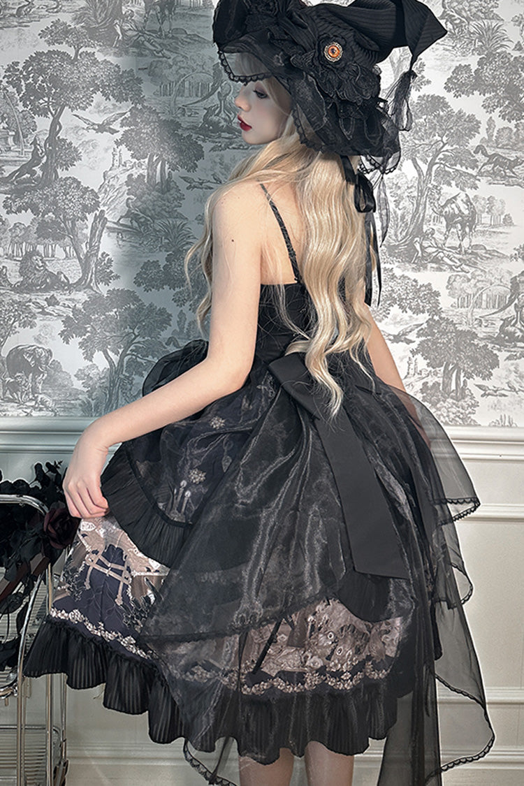 Black Halterneck Print Bowknot Drawstring Gothic Lolita Dress
