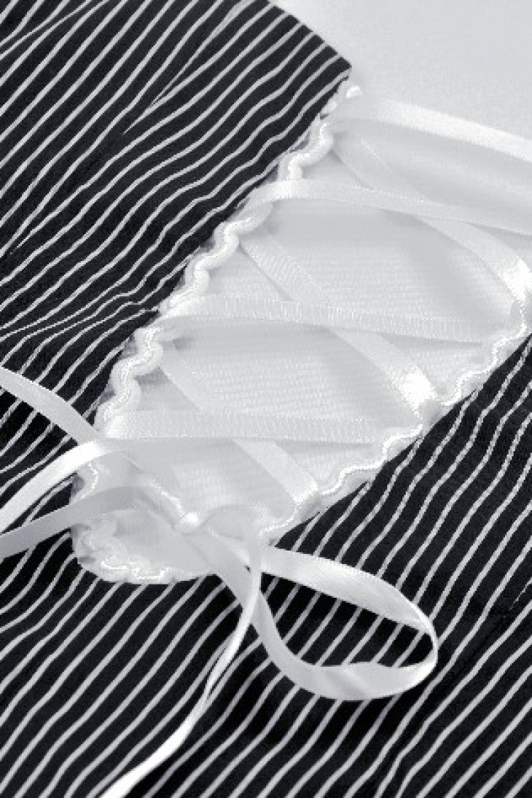 Monochrome Gothic Lolita Slip Dress with Pinstripes and Lace-Up Details