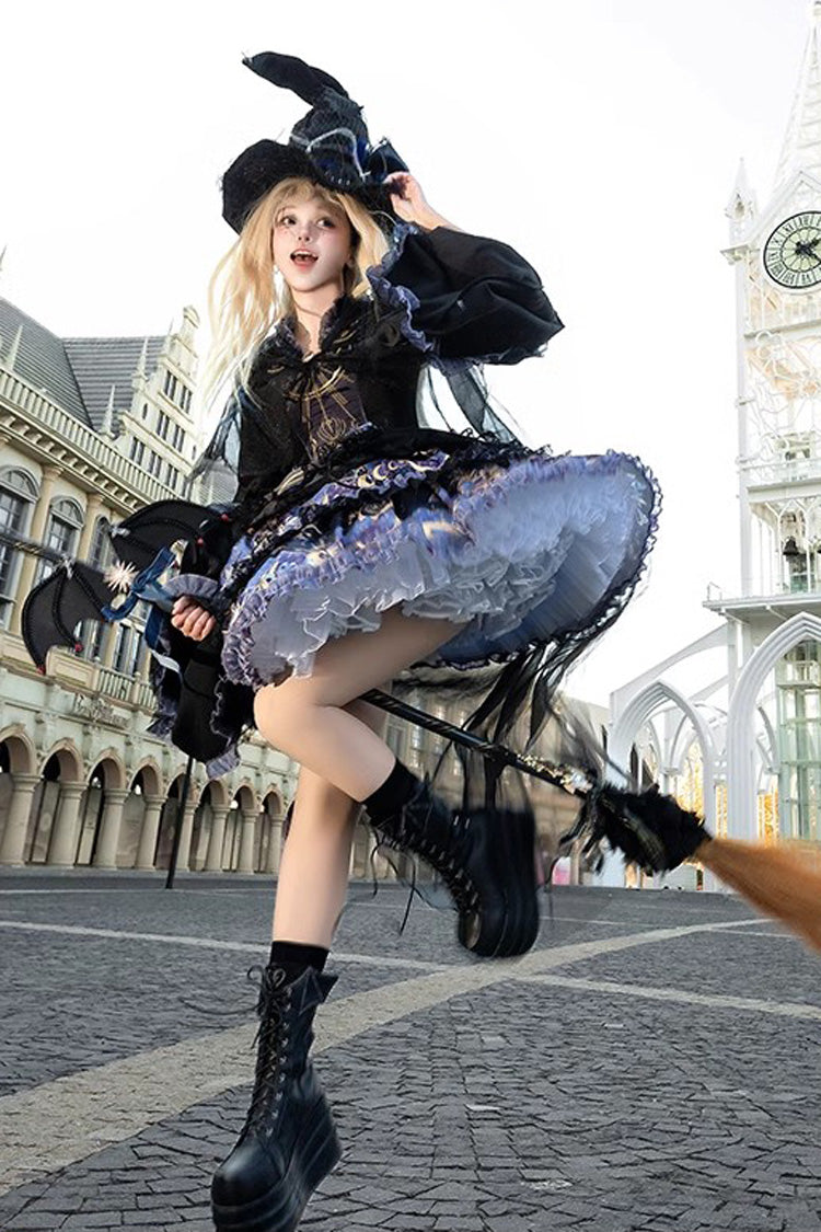 Black Astrology Cat Long Sleeve Double-Layered Lace Gothic Dress