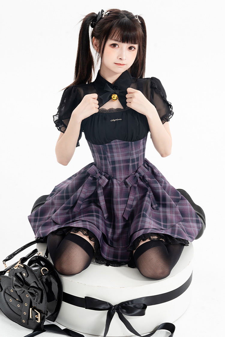 Purple Magic Cat Double-Layered Stripe Print Bow Sweet Lolita Jumper