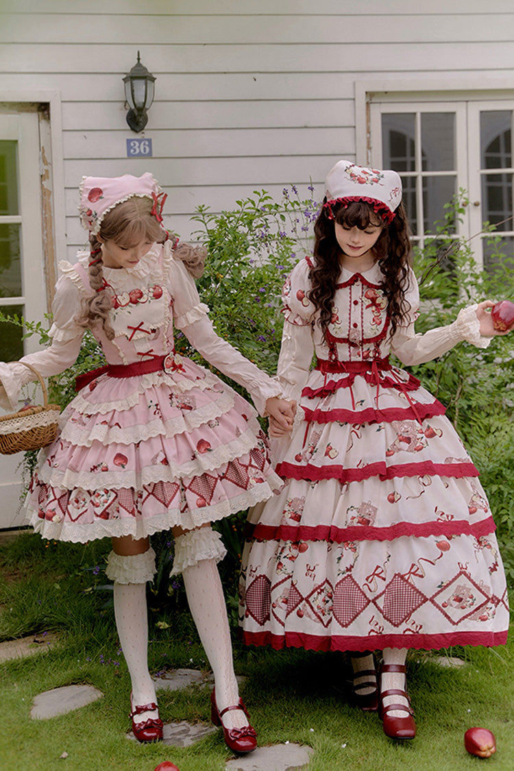 Crimson Beige Triple-Layered Apple Orchard Printed Ruffled Embroidered Sweet Lolita Maxi Skirt