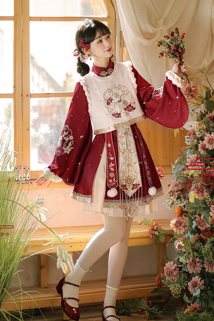 Scarlet The Horse of the New Spring Stand Collar Lantern Sleeve High-Waist Brocade Embroidered Women's Sweet Hanfu Dress Set