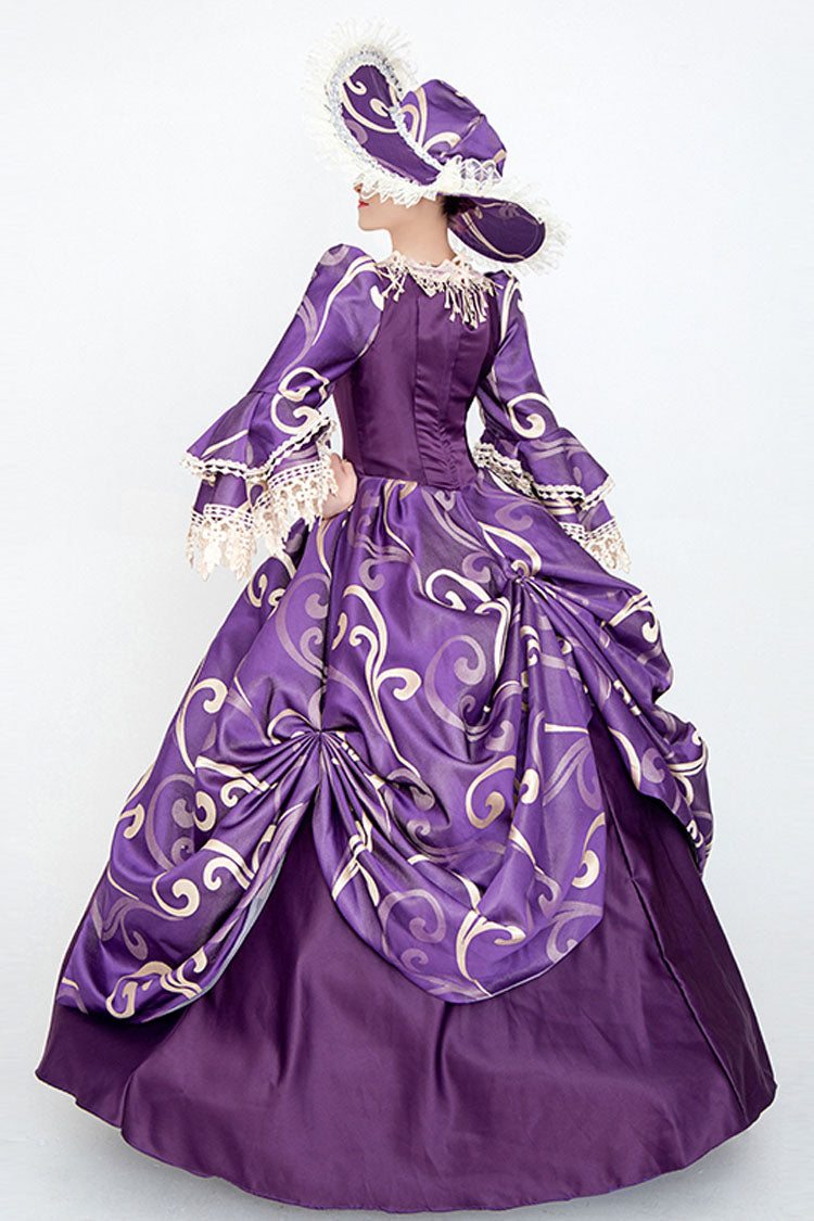 Purple Victorian Dress with Bell Sleeves and Floral Print - Altfashion Shop