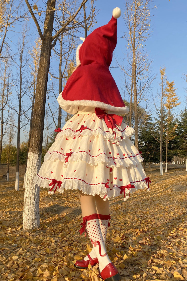 Crimson Apricot Triple-Layered Printed Ruffled Bow Lace Sweet Princess Lolita Dress with Cape