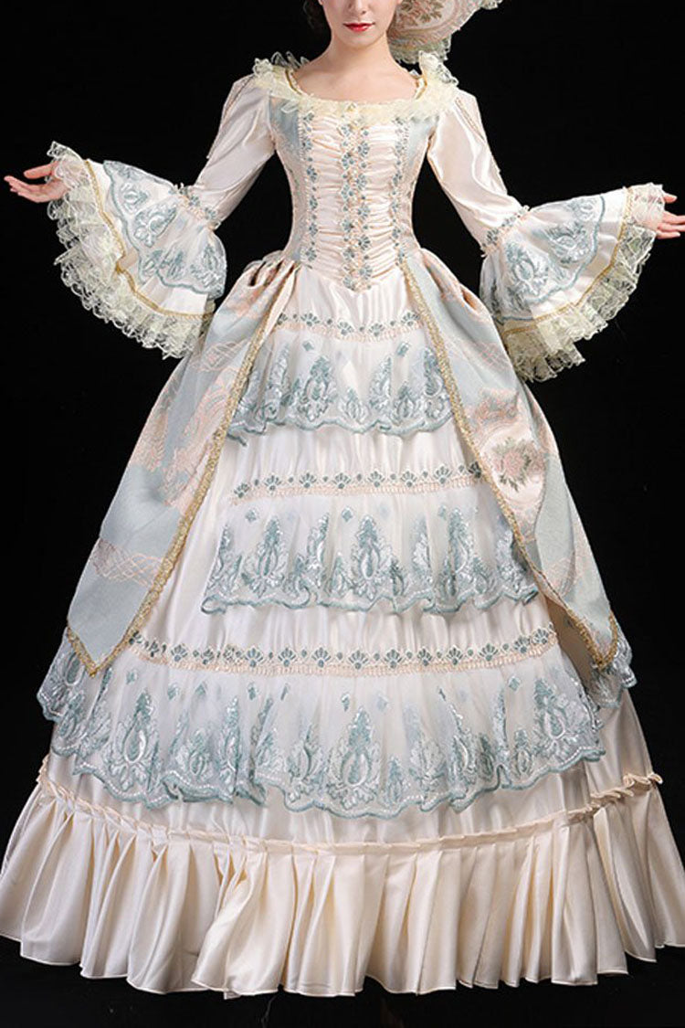 Blue and Champagne Trumpet Sleeve Victorian Gown - Hollow Embroidery