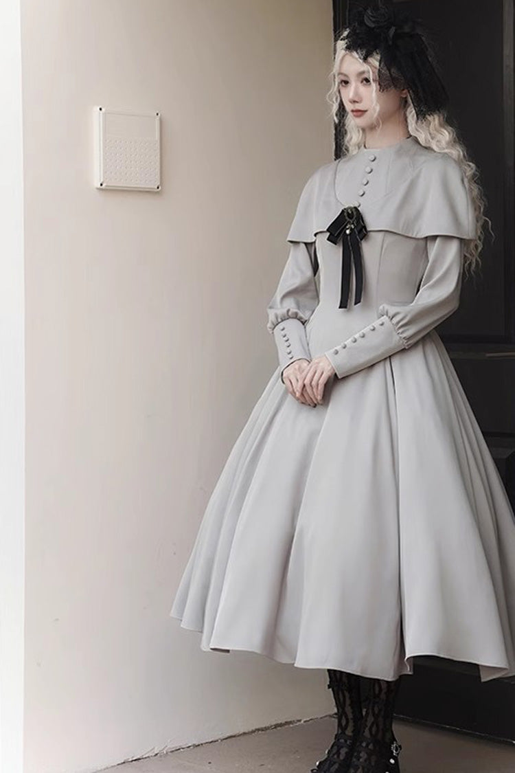 Gothic Elegant Lolita Dress with Slim Fit, Long Sleeves, Grey Thirteenth Evening