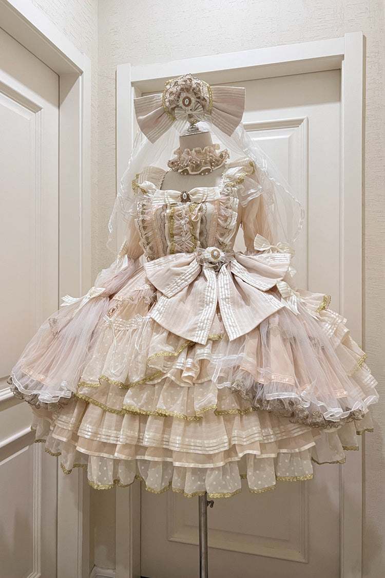 Apricot Coronation Long Trumpet Sleeve Layered Bow Lace Gorgeous Set