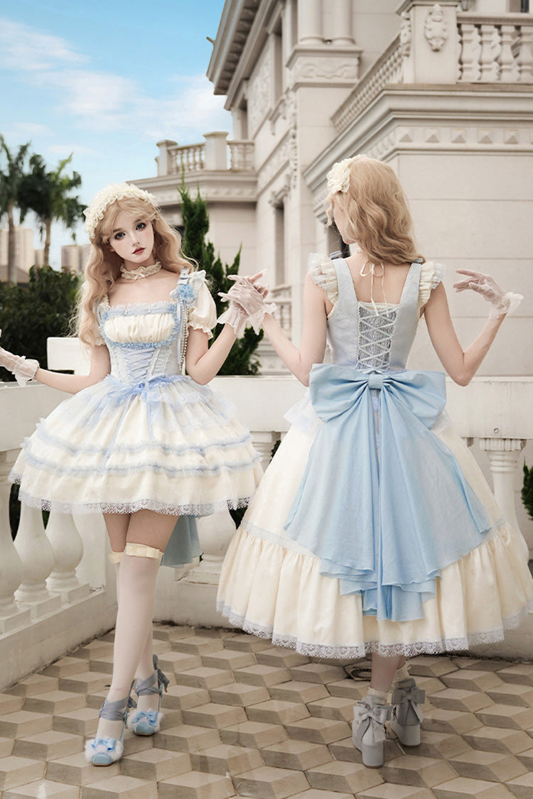 Ivory Square Collar Short Sleeve Ruffle Fishbone Sweet Short Dress - Sea Salt Iced Tea