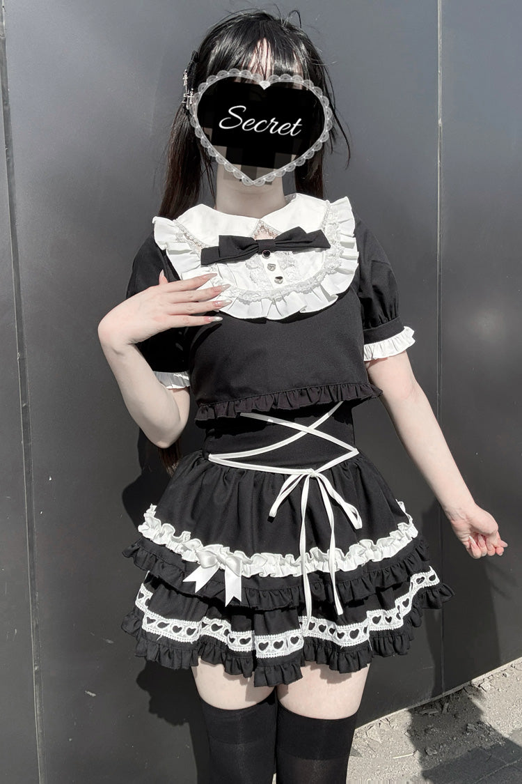 Double-Layered Skirt Set with Doll Collar and Bow Accents