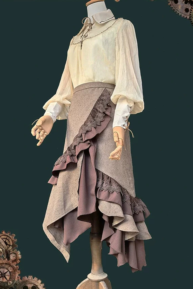 The Traveler Asymmetric Punk Lolita Skirt Set in Coffee Brown